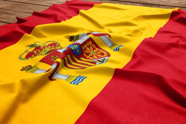 Drapeau Espagne Sur Fond Bureau Bois Drapeau Espagnol Soie Vue — Photo