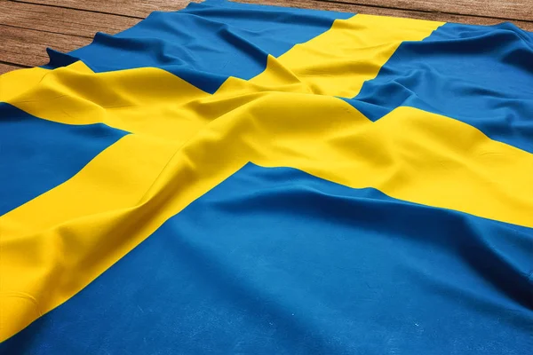 Sveriges Flagga Trä Skrivbord Bakgrund Silk Svensk Flagga Ovanifrån — Stockfoto