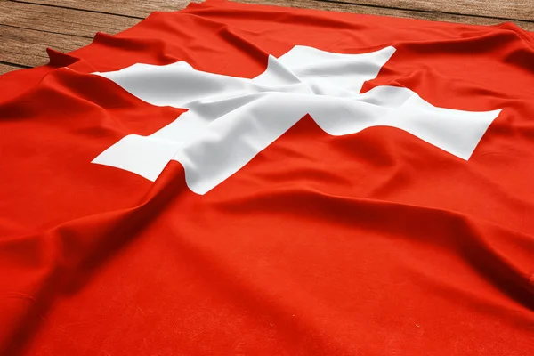 Vlajka Švýcarska Dřevěný Stůl Pozadí Hedvábné Švýcarská Vlajka Pohled Shora — Stock fotografie