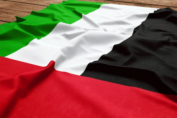 Förenade Arabemiraten Flagga Trä Skrivbord Bakgrund Silke Emirian Flagga Ovanifrån — Stockfoto
