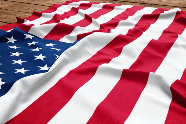 Flagge Der Vereinigten Staaten Auf Einem Hölzernen Schreibtischhintergrund Seide Amerikanische — Stockfoto