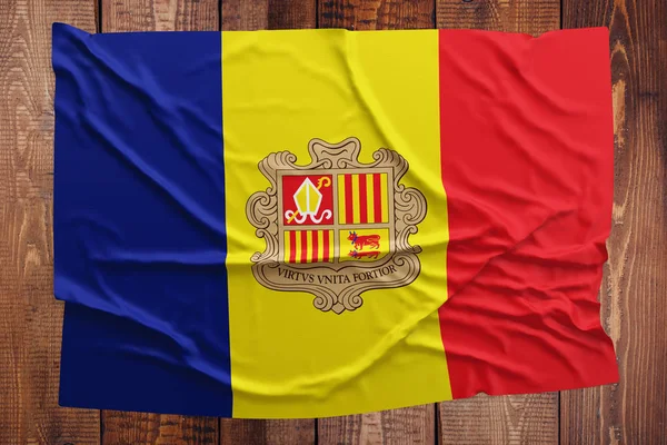 Flag Andorra Wooden Table Background Wrinkled Andorran Flag Top View — Stock Photo, Image