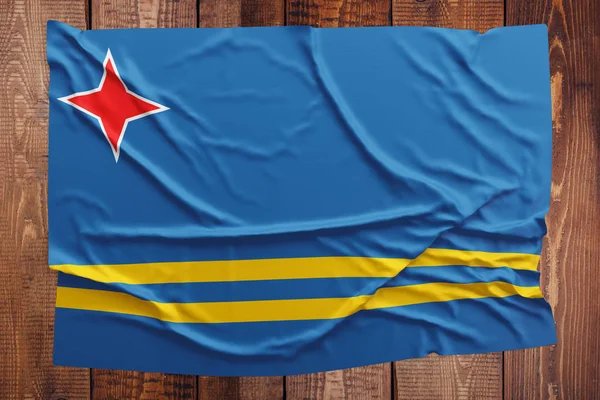 Bandera Aruba Sobre Fondo Mesa Madera Vista Superior Bandera Arrugada — Foto de Stock