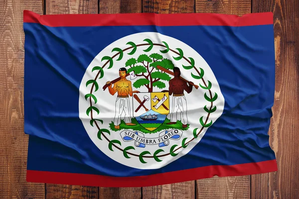 Flag Belize Wooden Table Background Wrinkled Belizean Flag Top View — Stock Photo, Image