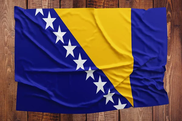 Bandera Bosnia Herzegovina Sobre Fondo Mesa Madera Vista Superior Bandera — Foto de Stock