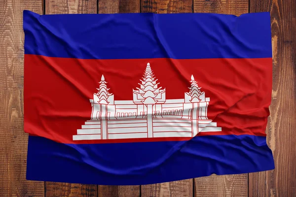 Flag Cambodia Wooden Table Background Wrinkled Cambodian Flag Top View — Stock Photo, Image