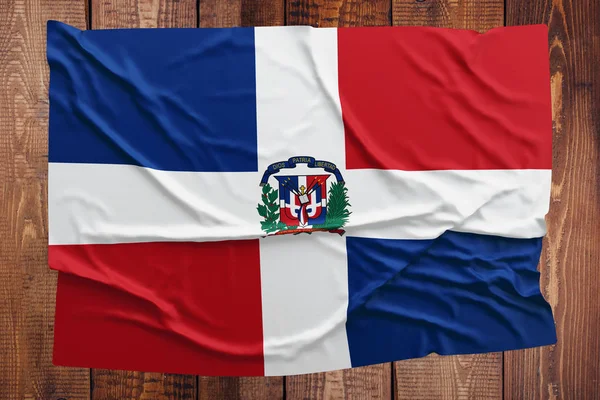 Bandeira República Dominicana Fundo Mesa Madeira Vista Superior Bandeira Dominicana — Fotografia de Stock