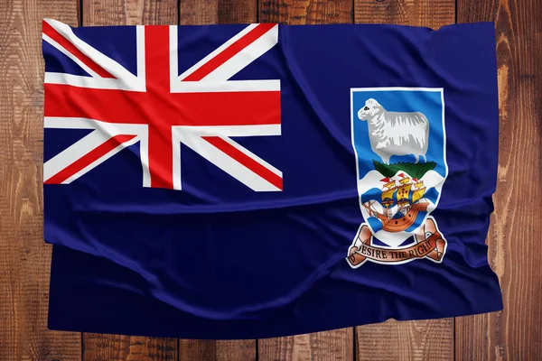 Falklandsöarnas Flagga Träbord Bakgrund Skrynkliga Flagga Ovanifrån — Stockfoto