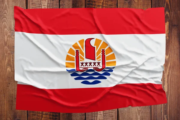 Flag French Polynesia Wooden Table Background Wrinkled Flag Top View — Stock Photo, Image