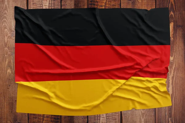 Flag Germany Wooden Table Background Wrinkled German Flag Top View — Stock Photo, Image