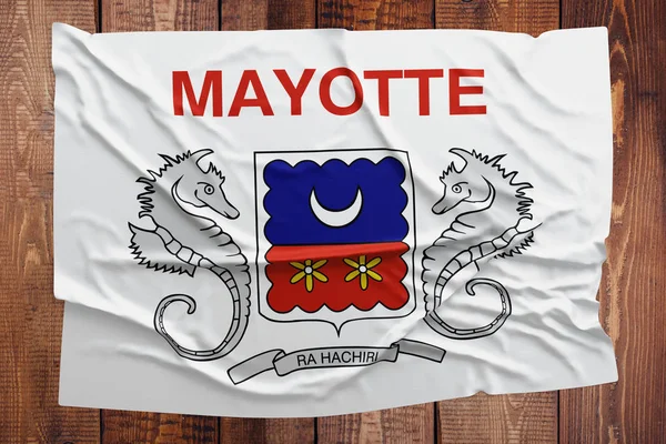 Mayotte Flagga Träbord Bakgrund Skrynkliga Flagga Ovanifrån — Stockfoto
