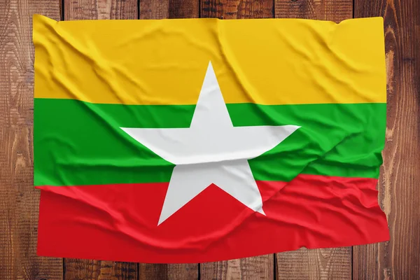 Bandera Myanmar Birmania Sobre Fondo Mesa Madera Vista Superior Bandera — Foto de Stock