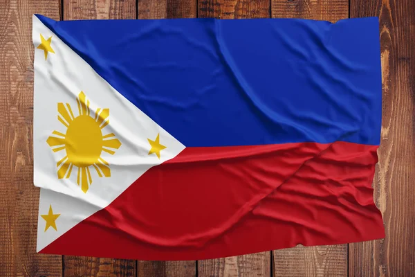 Flag Philippines Wooden Table Background Wrinkled Filipino Flag Top View — Stock Photo, Image