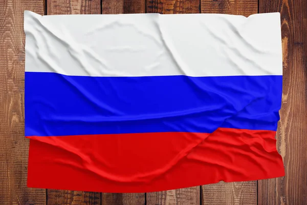 Flag Russia Wooden Table Background Wrinkled Russian Flag Top View — Stock Photo, Image