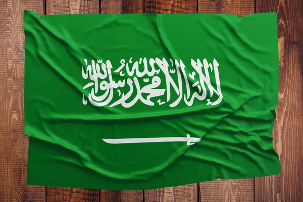 Drapelul Arabiei Saudite Fundal Masă Din Lemn Vedere Sus Steagului — Fotografie, imagine de stoc