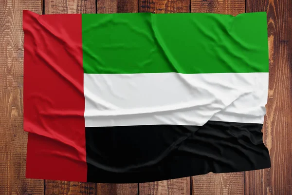 Flag United Arab Emirates Wooden Table Background Wrinkled Flag Top — Stock Photo, Image