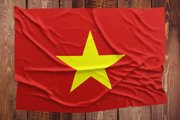 Flag Vietnam Wooden Table Background Wrinkled Vietnamese Flag Top View — Stock Photo, Image