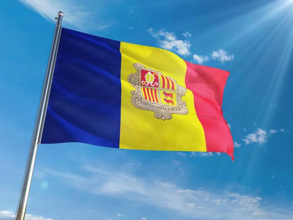 Andorra National Flag Waving on pole against sunny blue sky background. High Definition