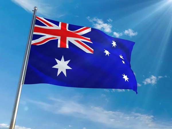 Australiens Nationalflagge Weht Auf Einem Pfahl Vor Sonnig Blauem Himmel — Stockfoto