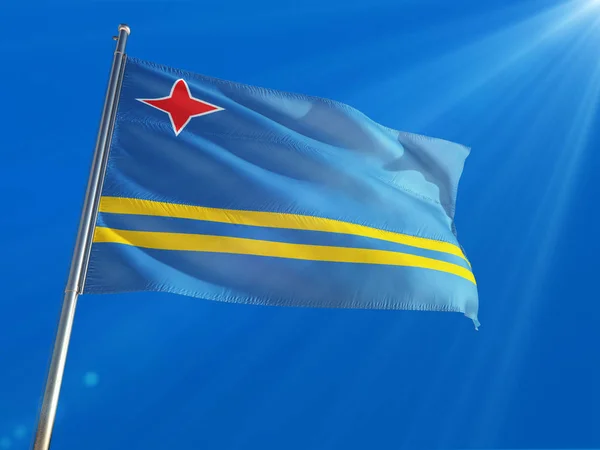Aruba Národní Vlajka Mávala Pól Tmavomodrá Obloha Pozadí Vysokým Rozlišením — Stock fotografie