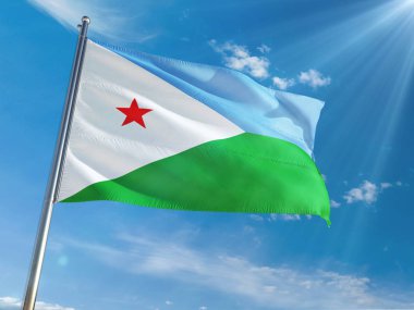 Cibuti bayrağı Ulusal sallayarak güneşli mavi gökyüzü arka plan karşı kutup. Yüksek çözünürlüklü