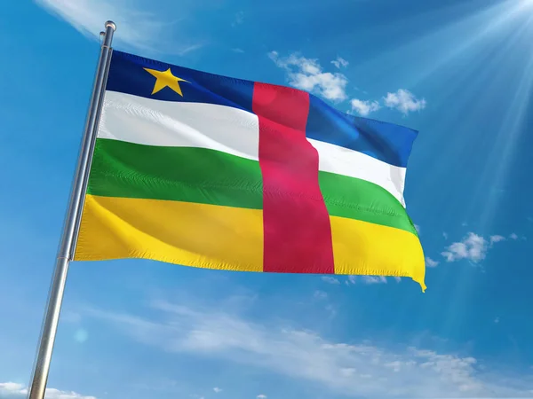 Bandera Nacional República Centroafricana Ondeando Poste Contra Soleado Fondo Azul — Foto de Stock