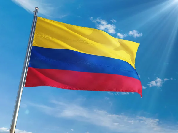 Colombia National Flag Waving Pole Sunny Blue Sky Background High — Stock Photo, Image