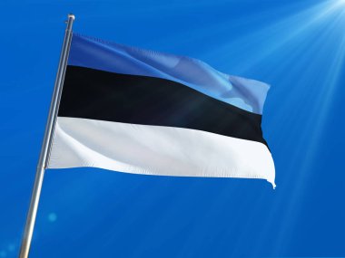 Estonya bayrağı Ulusal sallayarak derin mavi gökyüzü arka plan karşı kutup. Yüksek çözünürlüklü