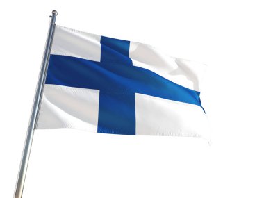 Finlandiya Ulusal bayrak rüzgarda sallayarak izole beyaz arka plan. Yüksek çözünürlüklü