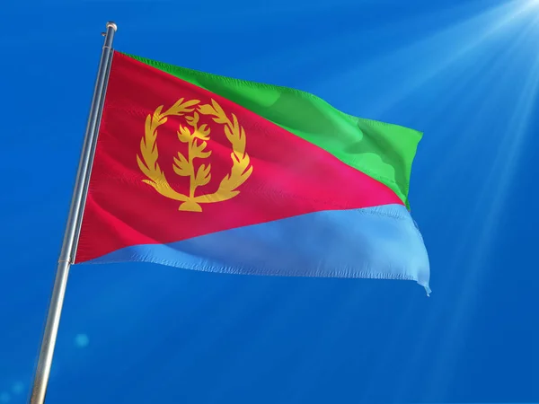 Bandera Nacional Eritrea Ondeando Poste Contra Fondo Azul Profundo Del — Foto de Stock