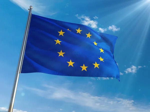 European Union National Flag Waving Pole Sunny Blue Sky Background — Stock Photo, Image