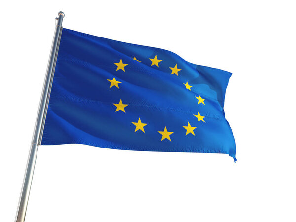 European Union National Flag waving in the wind, isolated white background. High Definition