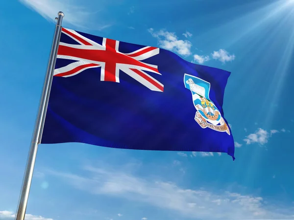 福克兰群岛国旗在杆子上挥动对阳光明媚的蓝天背景 高清晰度 — 图库照片