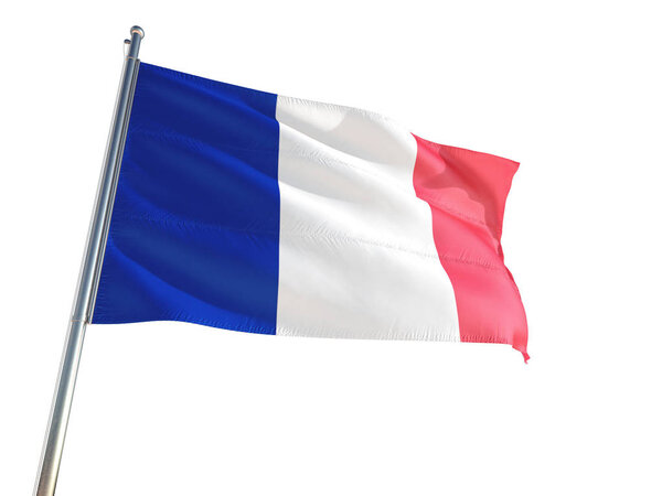 France National Flag waving in the wind, isolated white background. High Definition