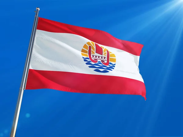 Bandera Nacional Polinesia Francesa Ondeando Poste Contra Fondo Azul Profundo — Foto de Stock