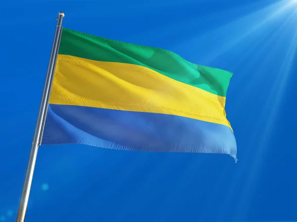 Drapeau National Gabon Agitant Poteau Sur Fond Bleu Profond Haute — Photo