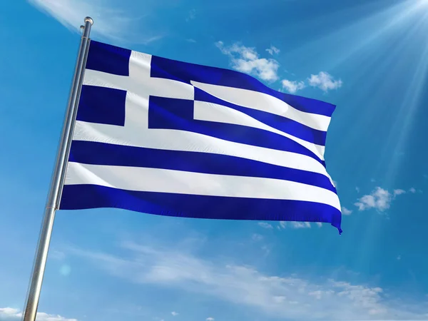 Griekenland Nationale Vlag Wapperend Paal Tegen Zonnige Blauwe Hemelachtergrond High — Stockfoto