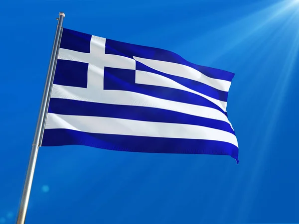 Yunanistan Bayrağı Ulusal Sallayarak Derin Mavi Gökyüzü Arka Plan Karşı — Stok fotoğraf
