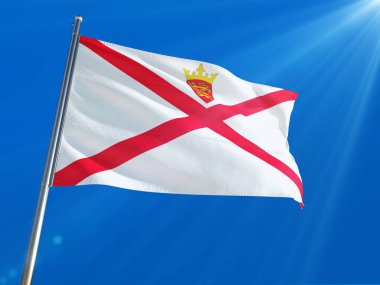 Jersey bayrak Ulusal sallayarak derin mavi gökyüzü arka plan karşı kutup. Yüksek çözünürlüklü