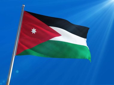 Ürdün bayrağı Ulusal sallayarak derin mavi gökyüzü arka plan karşı kutup. Yüksek çözünürlüklü