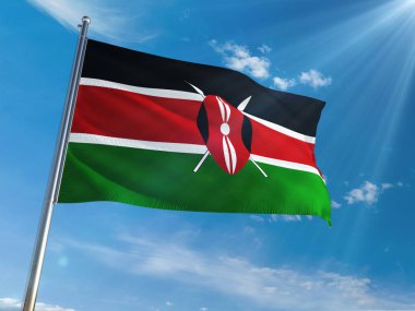 Kenya bayrak Ulusal sallayarak güneşli mavi gökyüzü arka plan karşı kutup. Yüksek çözünürlüklü