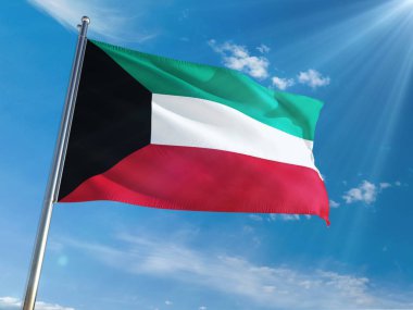 Kuveyt bayrağı Ulusal sallayarak güneşli mavi gökyüzü arka plan karşı kutup. Yüksek çözünürlüklü