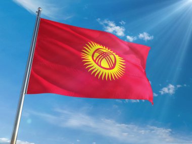 Kırgızistan bayrağı Ulusal sallayarak güneşli mavi gökyüzü arka plan karşı kutup. Yüksek çözünürlüklü