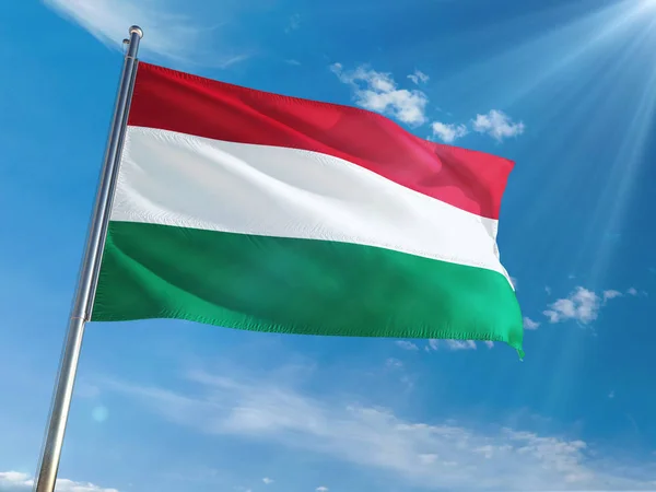 Hungary National Flag Waving Pole Sunny Blue Sky Background High — Stock Photo, Image