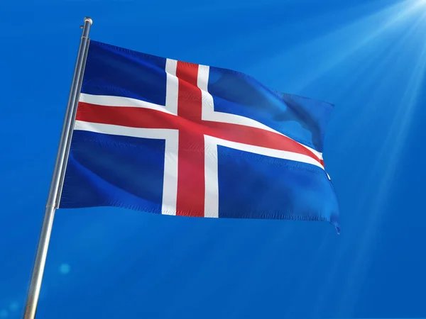 Ісландська Національна Прапор Махав Полюс Фоні Глибокого Синього Неба Високої — стокове фото