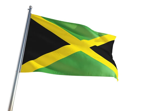 Flaga Narodowa Jamajka Macha Wietrze Białym Tle Wysokiej Rozdzielczości — Zdjęcie stockowe
