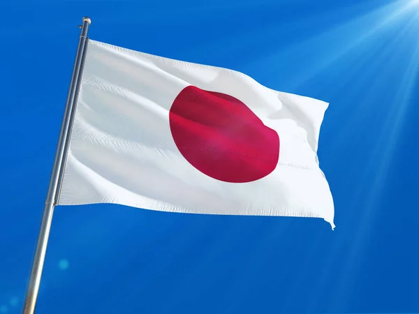 Japan National Flag Waving Pole Deep Blue Sky Background High — Stock Photo, Image