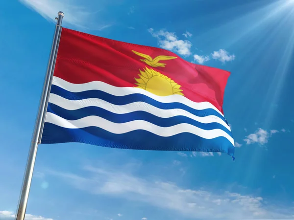 Bandera Nacional Kiribati Ondeando Poste Contra Soleado Fondo Azul Del — Foto de Stock