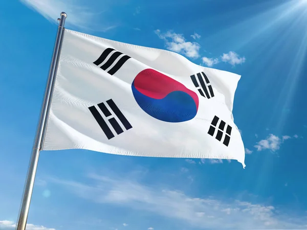 South Korea National Flag Waving Pole Sunny Blue Sky Background — Stock Photo, Image