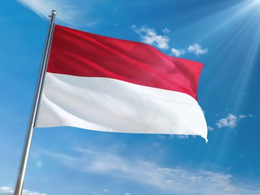 Monaco bayrağı Ulusal sallayarak güneşli mavi gökyüzü arka plan karşı kutup. Yüksek çözünürlüklü